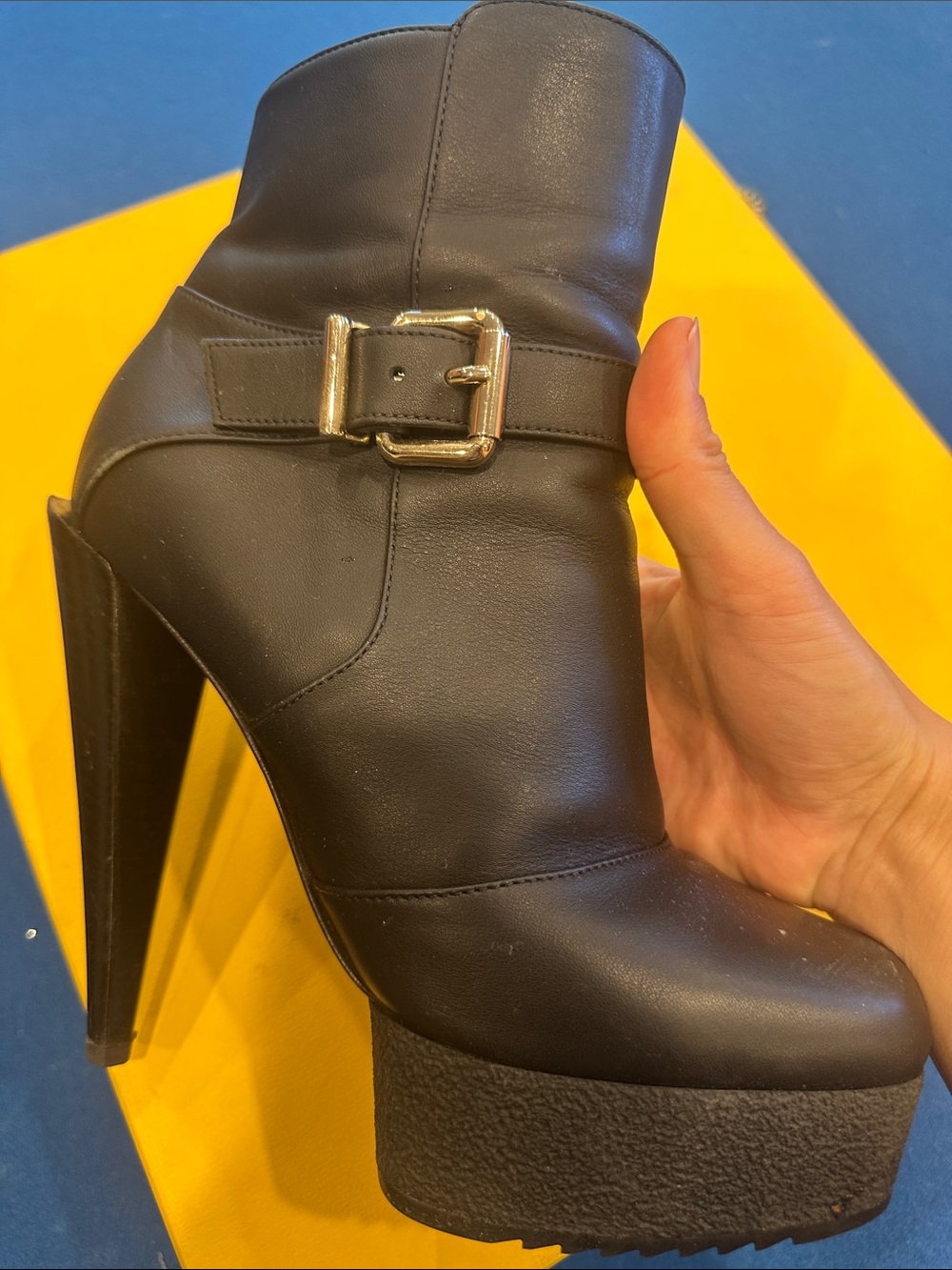 Fendi Black Leather High-Heel Platform Ankle Boots with Buckle - Picture 6 of 8